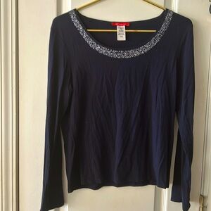 Anne Klein Navy Embellished Scoop Neck T